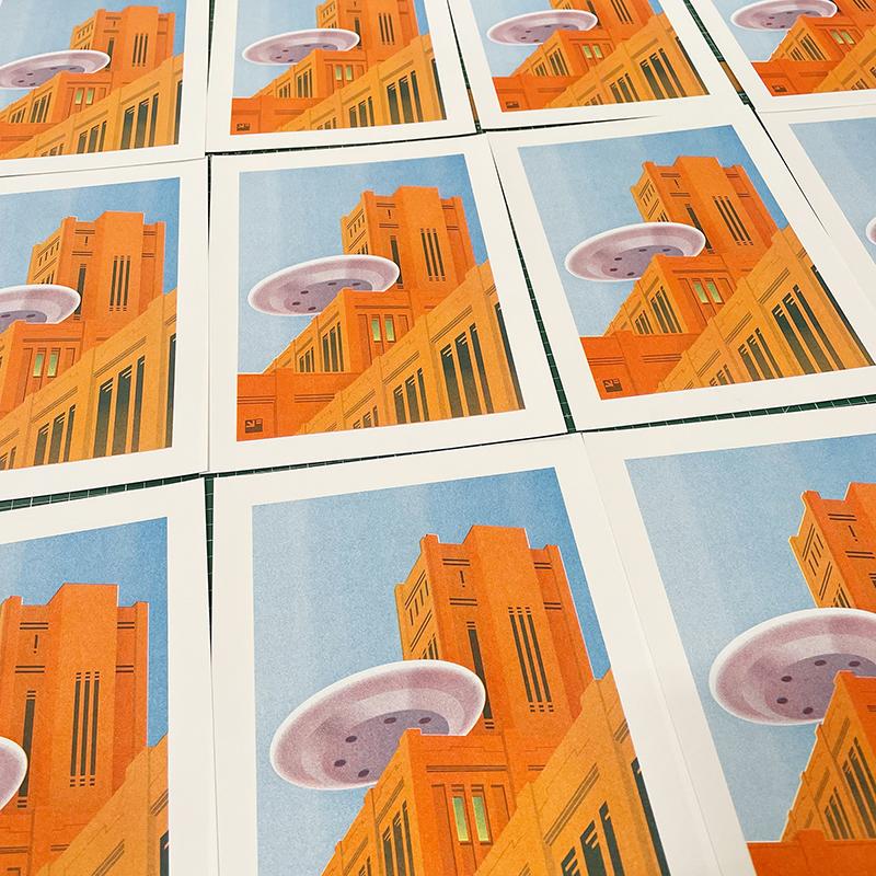 oranje versie van de risoprints De Inktpot en de UFO uit Utrecht