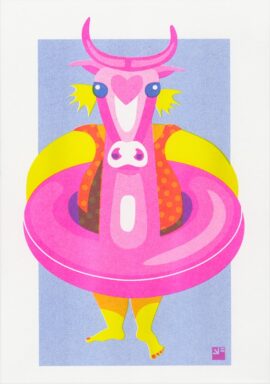 risograph print At the Beach - floating cow ©VrijFormaat